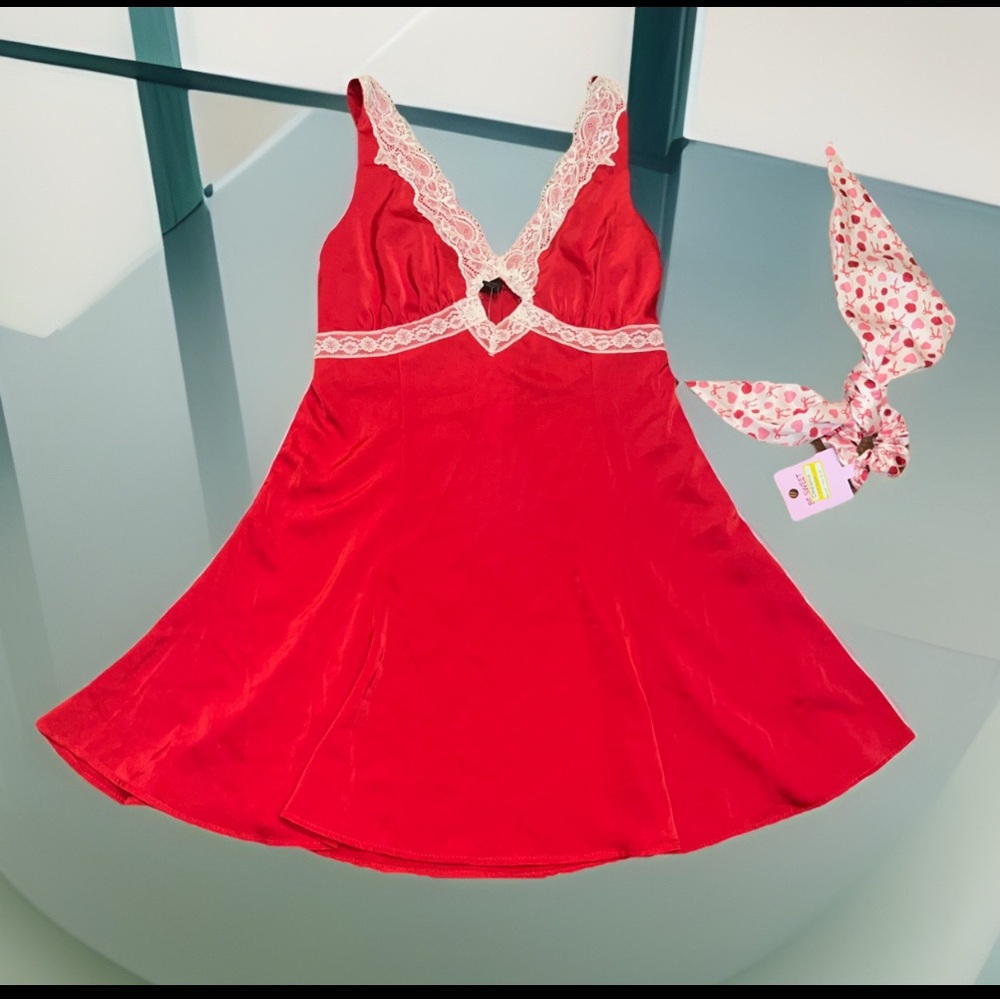 Red & White Lace Trim Pajama Dress Women's Mini Slip Holiday Dress & Hair tie